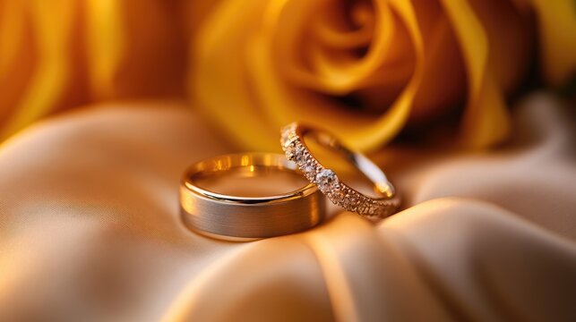The image features a pair of wedding rings resting on a soft, satin like fabric, with a backdrop of yellow roses