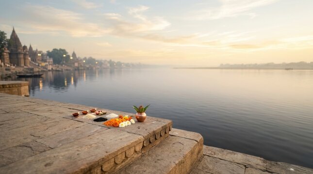 Ritual offerings on stone steps by holy river at sunrise
