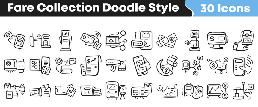 Hand drawn collection of black and white fare payment icons
