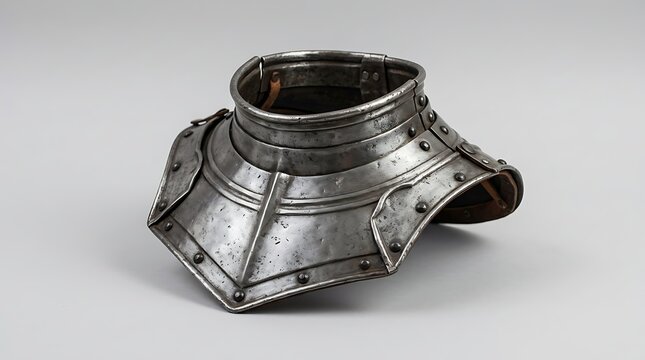 Antique metal gorget neck armor piece isolated on a white background.