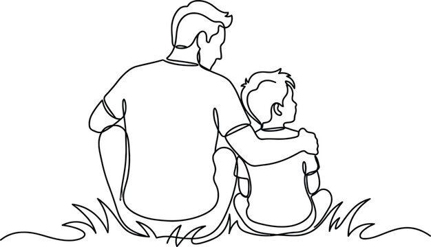 Continuous line art of father and son sitting, minimalist dad and child vector