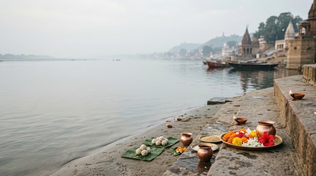 Sarva Pitru Amavasya ritual offerings on stone steps near a calm river during daylight
