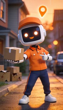 Cute AI Robot Courier Delivering Package with Location Pin