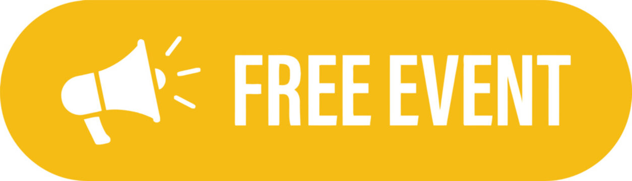 Yellow free event button vector, megaphone announcement icon, web promotion badge