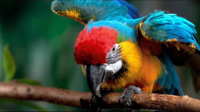 Colorful parrot sitting on a branch in a tropical setting during the day