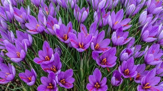 A dense field of blooming purple saffron crocus flowers, featuring vibrant violet petals, bright orange-red stigmas, and thin green grass-like leaves in a natural outdoor garden setting