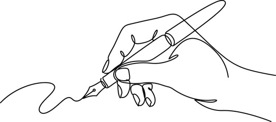 Continuous line drawing of hand holding fountain pen, minimalist writing vector art © Abdul