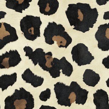 The image displays a close up of a leopard print pattern, featuring irregular black spots with brown centers scattered across a light cream colored background