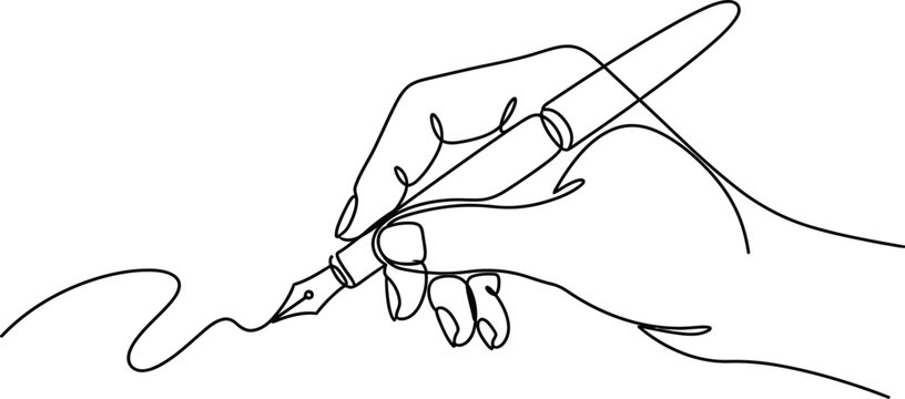 Continuous line drawing of hand holding fountain pen, minimalist writing vector art