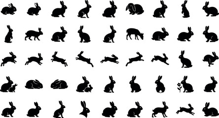 Fototapeta premium Rabbit Silhouette Icons Collection with Running, Sitting and Jumping Poses Vector Set