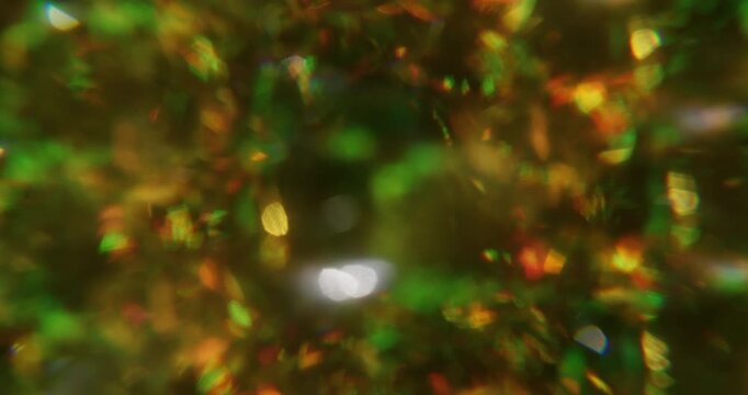 Blur kaleidoscope flare. Green light abstraction. Yellow pink blue colorful round optical gleam on luminous bokeh glisten background.