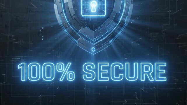 100% SECURE appears with particle explosion effect. 
Perfect for data security, encryption, firewall, antivirus, and tech protection visuals. 
Cinematic, high tech, 4K, alpha channel ready.