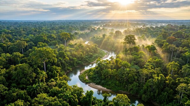 Aerial view of a winding river flowing through a dense tropical rainforest at sunrise, with golden sunbeams piercing through morning mist over the lush green canopy of the amazon jungle