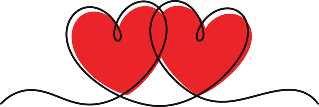 Continuous line art of two red hearts, minimalist interlocking heart shapes, vector