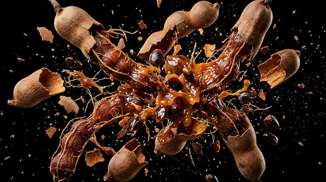 Exploding tamarind pods with pulp and seeds on a black background for food photography.