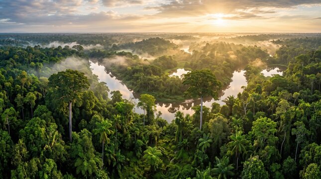 Aerial view of a winding river flowing through a dense tropical rainforest at sunrise, with patches of morning mist hovering over the lush green canopy and golden sunlight reflecting on the water