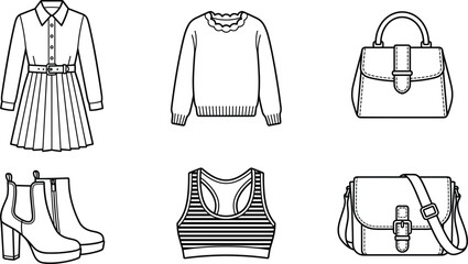 Fototapeta premium Women's fashion apparel and accessories, trendy clothing, footwear, and leather handbags line art vector icon set featuring pleated shirt dress, scalloped sweater and crossbody messenger bag.eps