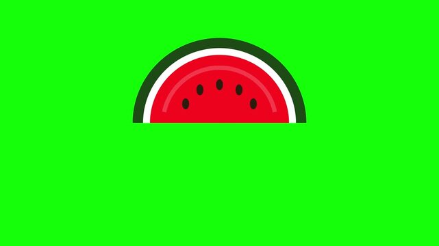Minimalist 2D vector illustration of a red watermelon slice with black seeds and white rind, isolated on a solid bright green screen background for chroma key compositing
