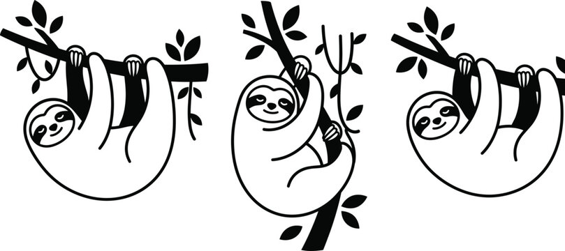 Stylized sloth silhouettes hanging from tree branches in different poses for creative vector wildlife illustration set
