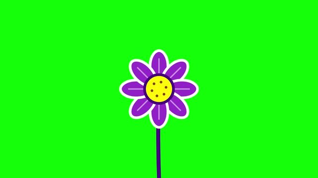 Stylized flat vector illustration of a purple daisy flower with eight petals, white borders, and yellow center on a bright green background for graphic design and compositing.