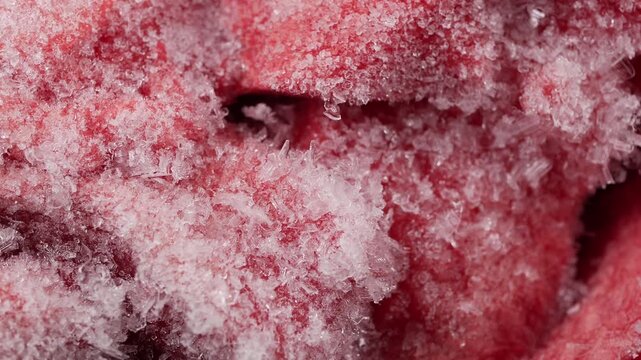 Macro Close-up of Frozen Red Meat Covered in Ice Crystals