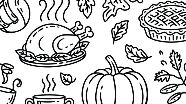 Thanksgiving autumn harvest food coloring page outline vector with roasted turkey pumpkin pie wallpaper design