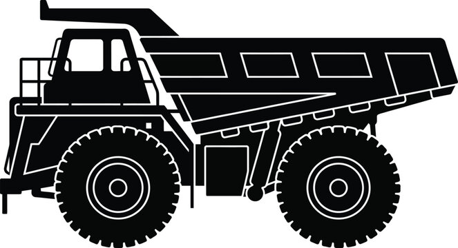 Black and White Vector Illustration of a Heavy Duty Mining Haul Truck Silhouette for Industrial Construction and Quarry Site Projects, High Quality Earthmoving Equipment Icon Graphic.