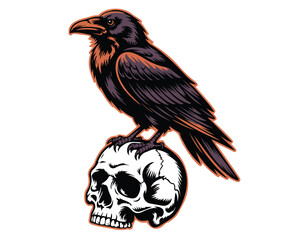 Naklejka premium Black Raven Perched on Human Skull Gothic Halloween Vector Illustration Isolated on White Background