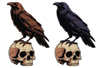 Naklejka premium Black Raven Perched on Human Skull Gothic Halloween Vector Illustration Isolated on White Background