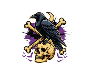 Naklejka premium Large raven sitting on skull vector illustration isolated on white background