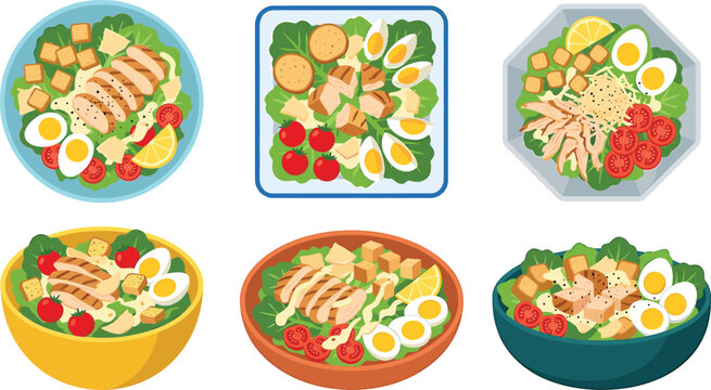 Fresh chicken caesar salad bowl vector set with grilled chicken breast croutons boiled eggs and parmesan dressing