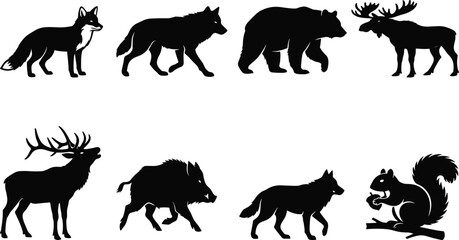 Obraz premium “Woodland animal silhouettes of fox, wolf, bear, moose, stag, boar, and squirrel vector illustration set”