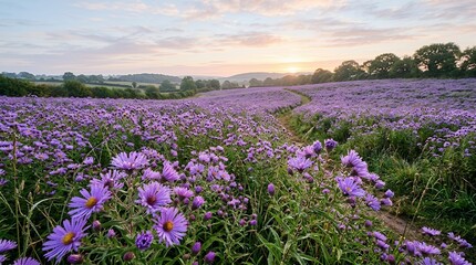 Fototapeta premium Beautiful Field of Purple Aster Flowers at Sunrise with Scenic Rolling Hills and Countryside Meadow Landscape Path