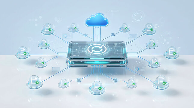 Cloud data sync document management system digital network server workflow concept