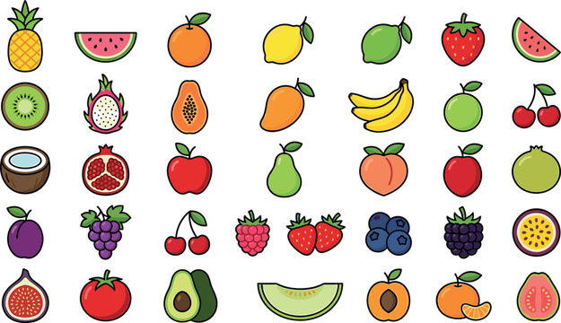 Fresh organic fruit vector mega set with whole and sliced tropical berries citrus watermelon apple and banana icons
