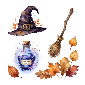 Watercolor witch hat and magic potion bottle clipart set for Halloween, isolated on white background

