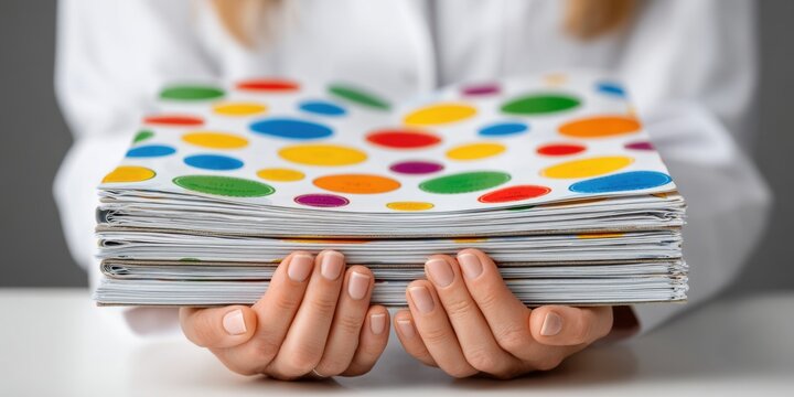 Eye doctor's hands performing a color blind test with color vision chart close-up focus on professional environment