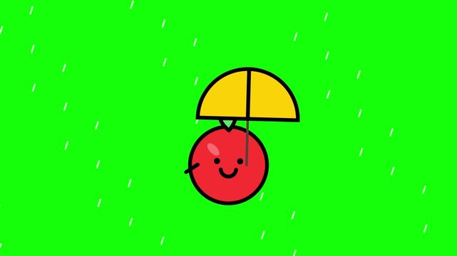 Minimalist cartoon illustration of a smiling red fruit character holding a yellow umbrella during white rain, set against a bright green background in a flat vector art style.