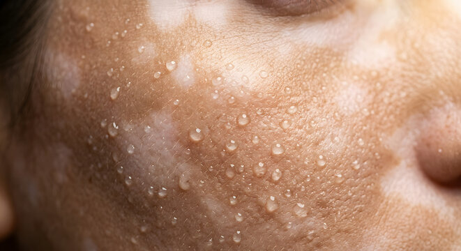 Vitiligo skin condition close-up with sweat droplets, medical dermatology photo of depigmentation patches on human face. Skin care and health concept showing white spots, perspiration