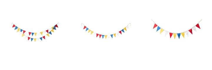 Obraz premium Colorful Party Bunting Flags Set Triangle Garland Banners Festival Celebration Decor Clipart Graphic Cutout Isolated Transparent Background PNG Design Elements