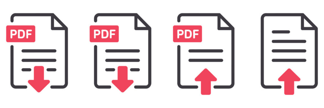 PDF file icon set featuring download and upload symbols, document sharing, file transfer, digital storage, cloud services, and document management concepts.  
