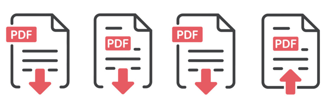 PDF file icon set featuring download and upload symbols, document sharing, file transfer, digital storage, cloud services, and document management concepts.  