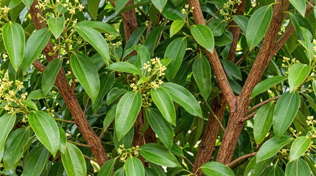 Cinnamon tree branches with glossy green oval leaves and clusters of small pale yellow flowers, close-up view of cinnamomum verum foliage and textured reddish-brown bark in a garden setting