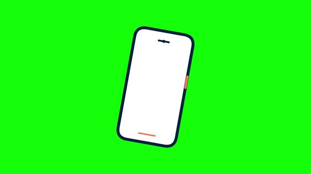 Minimalist flat vector illustration of a tilted smartphone with a blank white screen and navy blue border, isolated on a solid bright green chroma key background for compositing.