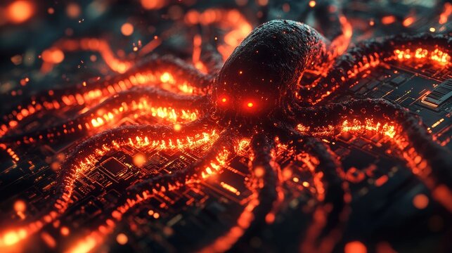 The image depicts a highly stylized, menacing creature resembling an octopus with glowing red eyes and tentacles made of circuitry or electronic components