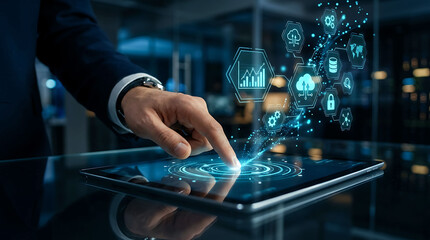 Fototapeta premium Businessman touching digital tablet with cloud computing network technology interface