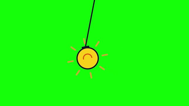 Minimalist 2D vector style illustration of a round yellow object with a frowny face hanging from a wire, featuring orange glow lines on a solid green screen background asset.