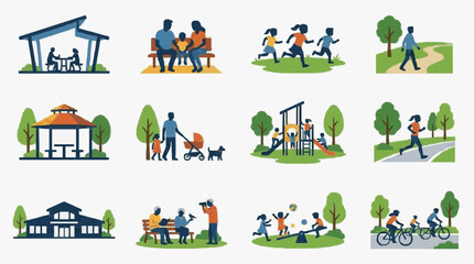 Naklejka premium Elegant Illustrated Collection of Diverse Park and Community Activities with Vibrant Characters and Scenes