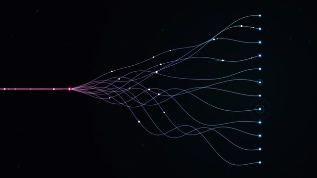 Glowing data branching node tree animation, AI neural network fiber connection loop, decision tree concept 4k