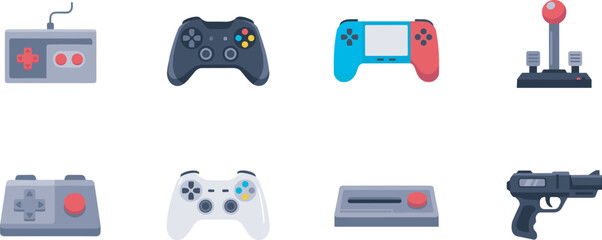 Set of retro and modern video game controller vectors including gamepad joystick console and light gun isolated on white background © Sujon Shah
